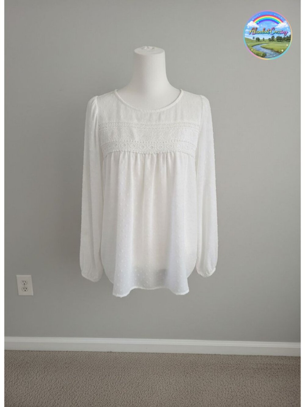 Womens Long Sleeve Lace Blouse Boho Peasant Top Crew Neck Pullover